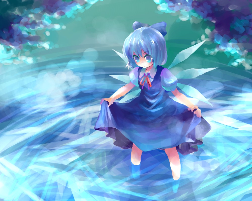 kobanzame, cirno, embodiment of scarlet devil, touhou, bad id, bad pixiv id, 1girl, blue eyes, blue hair, clothes lift, dress, dress lift, female focus, looking down, matching hair/eyes, short hair, skirt hold, solo, wading, water, wings