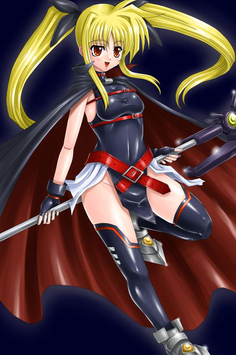 gao (artist), gao (naodayo), bardiche (assault form) (nanoha), bardiche (nanoha), fate testarossa, fate testarossa (lightning form), lyrical nanoha, mahou shoujo lyrical nanoha, highres, 00s, 1girl, axe, blonde hair, female focus, solo, thighhighs, weapon