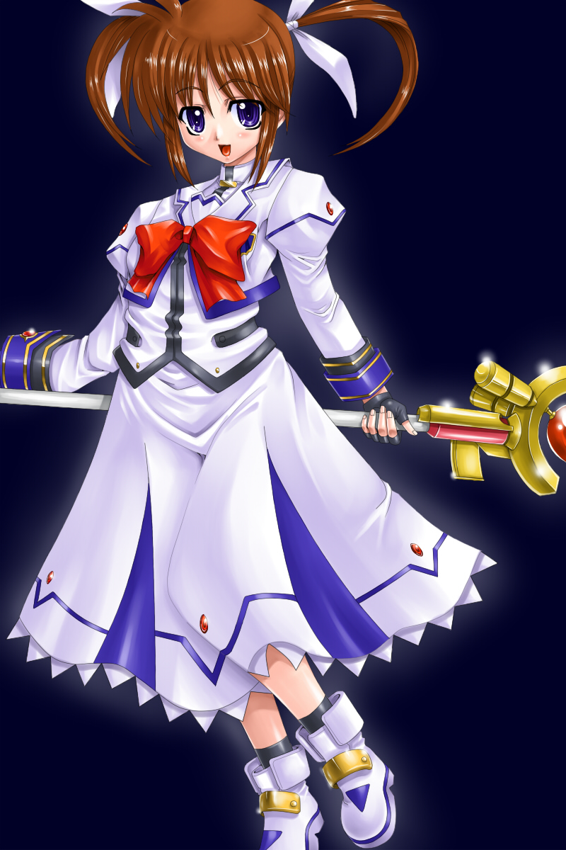 gao (artist), gao (naodayo), raising heart, raising heart (accel mode), takamachi nanoha, takamachi nanoha (sacred mode), lyrical nanoha, mahou shoujo lyrical nanoha, mahou shoujo lyrical nanoha a's, uniform, highres, 00s, 1girl, :d, ankle boots, blue eyes, blush, boots, bow, bowtie, brown hair, female focus, fingerless gloves, gem, gloves, long sleeves, looking at viewer, magical girl, open mouth, red bow, red bowtie, rod, smile, solo, staff, standing, twintails