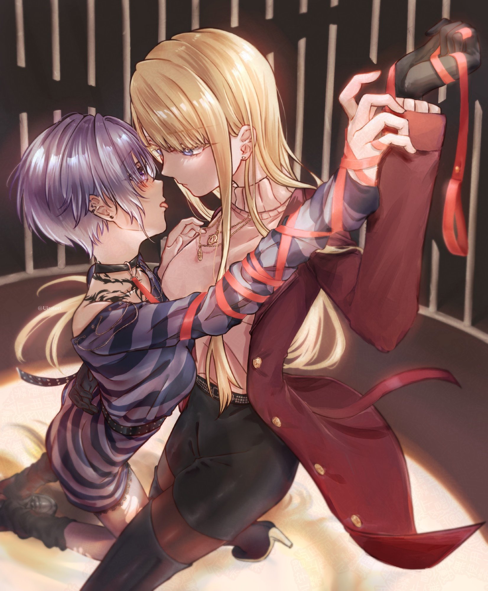 uirotori, neo (d4dj), sophia (d4dj), d4dj, highres, 2girls, bare shoulders, belt, black belt, black boots, black gloves, black jacket, black pants, black skirt, blonde hair, blue eyes, boots, breasts, collar, ear piercing, earrings, gloves, high heel boots, high heels, horizontal-striped clothes, jacket, jewelry, large breasts, long hair, looking at another, medium breasts, multiple girls, open clothes, open jacket, pants, pantyhose, piercing, purple eyes, purple hair, purple shirt, red jacket, red ribbon, ribbon, shirt, short hair, shoulder tattoo, skirt, striped clothes, sweater, tattoo, tongue, torn clothes, torn pantyhose, turtleneck, turtleneck sweater, yuri