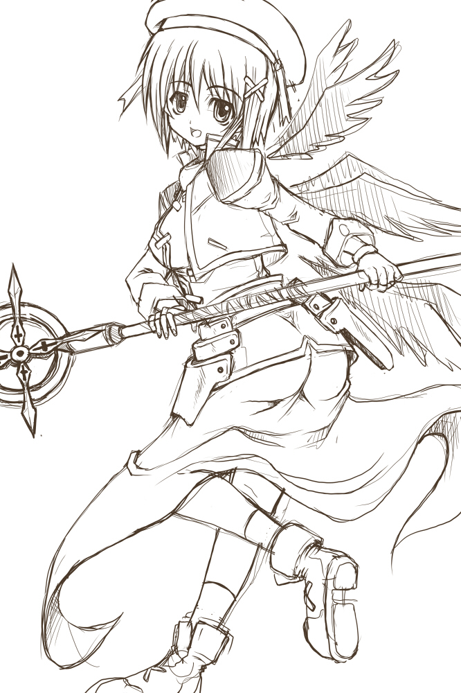 gao (artist), gao (naodayo), schwertkreuz, yagami hayate, lyrical nanoha, mahou shoujo lyrical nanoha, mahou shoujo lyrical nanoha strikers, 00s, 1girl, female focus, greyscale, hair ornament, monochrome, sketch, solo, staff, x hair ornament