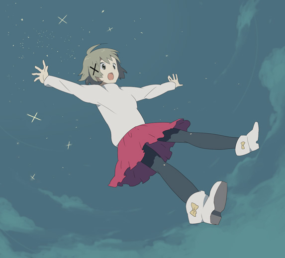 hayato (meromoni), yuno (hidamari sketch), hidamari sketch, 00s, night, night sky, pantyhose, sky, solo