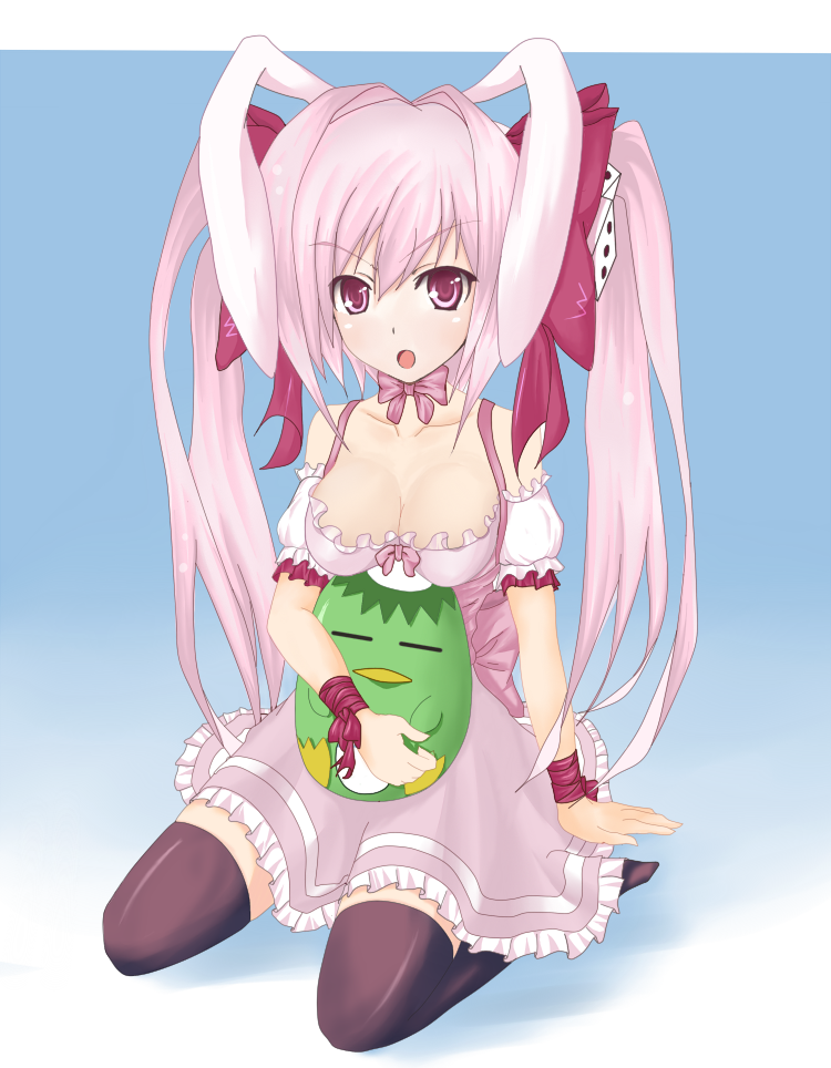 tokihito, majin gappa, usada hikaru, di gi charat, bad id, bad pixiv id, 1girl, animal ears, breasts, dice, dress, female focus, large breasts, long hair, pink hair, purple eyes, rabbit ears, ribbon, solo, thighhighs, twintails