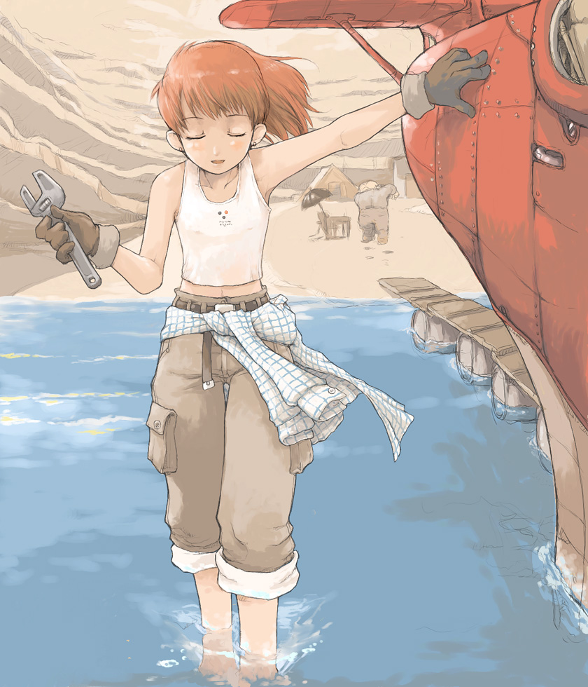 pota (nabrinko), fio piccolo, marco (kurenai no buta), porco rosso (character), kurenai no buta, studio ghibli, plaid, 1990s (style), 1girl, aircraft, airplane, armpits, closed eyes, engineer, flat chest, gloves, mechanic, navel, outdoors, ponytail, red hair, savoia s.21, tank top, wading, water, wind, wrench