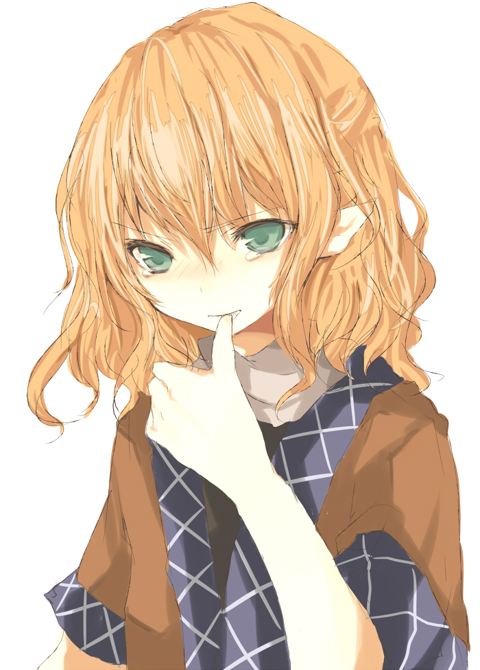 tetsuo (tashirosu), mizuhashi parsee, touhou, bad id, bad pixiv id, 1girl, blonde hair, female focus, green eyes, jealous, orange hair, short hair, simple background, solo, tears