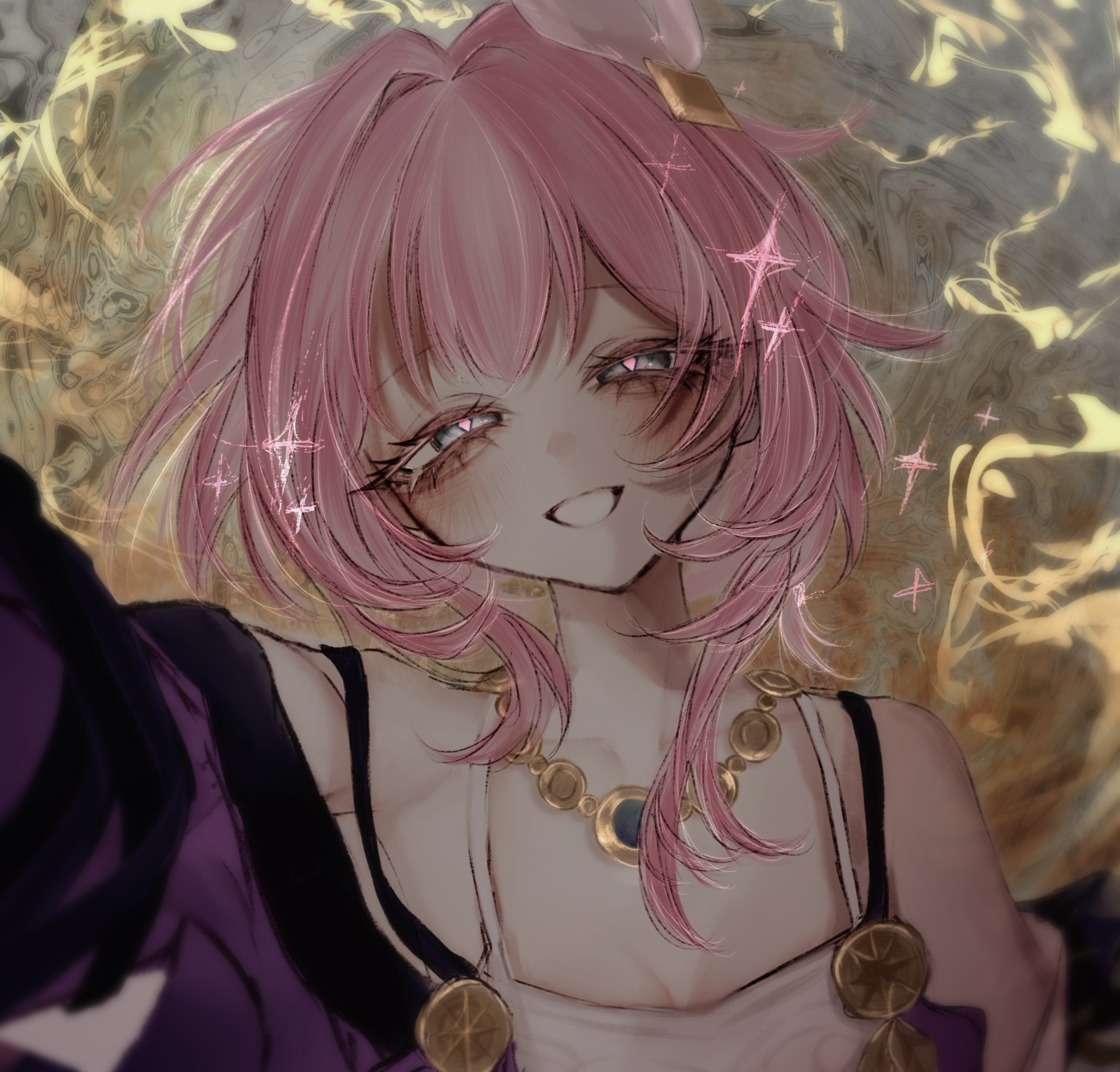 cyrene (honkai: star rail), honkai: star rail, honkai (series), commentary, highres, symbol-only commentary, 1girl, bare shoulders, blue eyes, breasts, cleavage, coat, cyrene (aedes elysiae) (honkai: star rail), dress, hair ornament, hakuurei, jewelry, looking at viewer, necklace, pink hair, purple coat, short hair, smile, solo, white dress