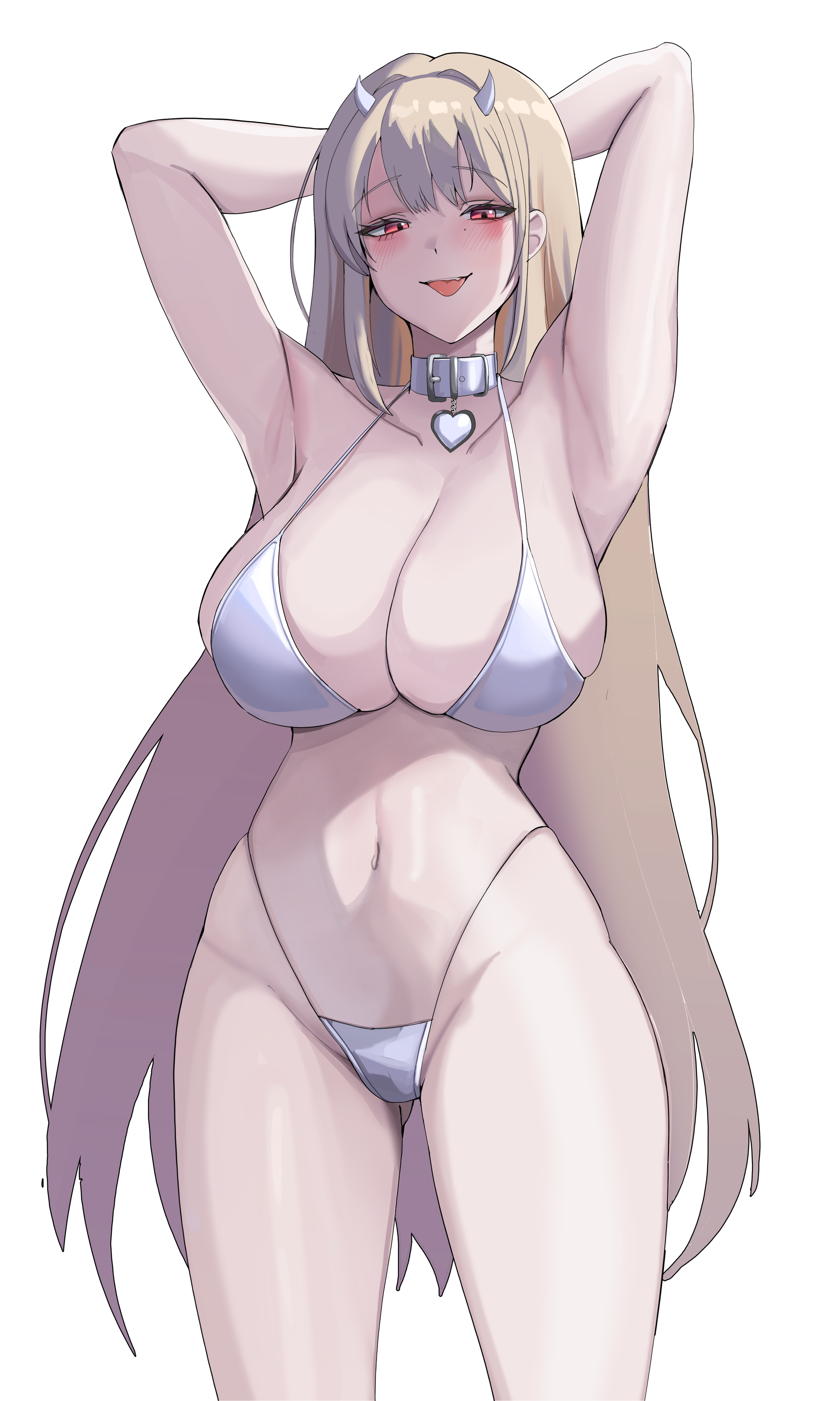 minji (jimin10804), viper (nikke), goddess of victory: nikke, absurdres, highres, 1girl, armpits, arms behind head, arms up, bikini, blonde hair, blush, breasts, collar, heart pendant, horns, large breasts, long hair, looking at viewer, navel, open mouth, red eyes, simple background, smile, solo, swimsuit, tongue, tongue out, white background, white bikini, white collar