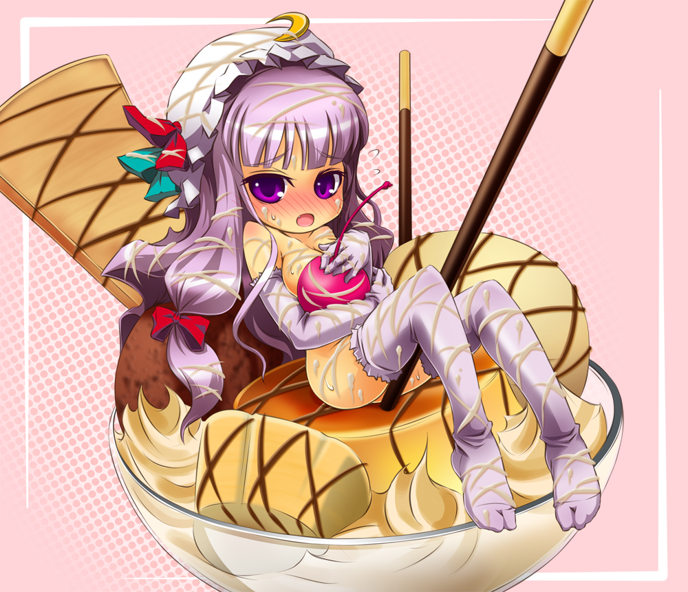 noya makoto, patchouli knowledge, touhou, 1girl, blush, bow, cherry, cream, cup, dessert, elbow gloves, feet, female focus, food, fruit, gloves, hair bow, hair ribbon, hat, in container, in cup, in food, long hair, mini person, minigirl, nude, pocky, purple eyes, purple hair, ribbon, solo, thighhighs, whipped cream