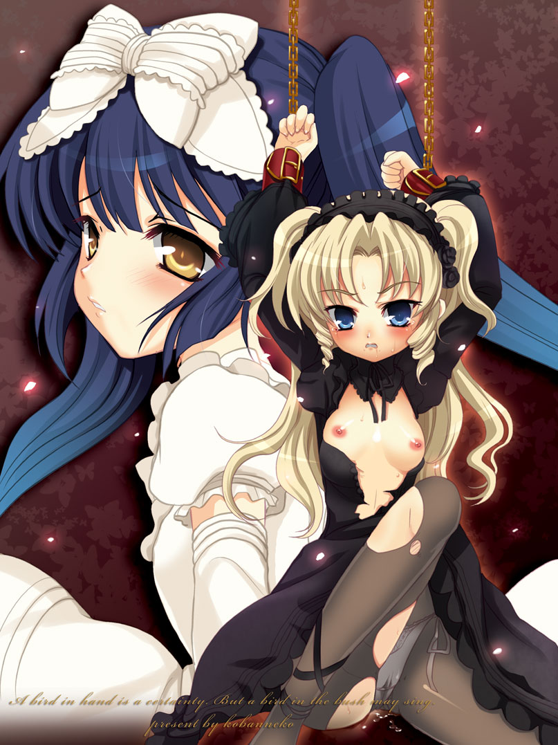 kumao mofumofu, torn legwear, bad id, bad pixiv id, 2girls, bdsm, blonde hair, blue hair, bondage, bound, chain, flat chest, goth fashion, loli, long hair, multiple girls, nipples, nude, panties, pantyhose, ribbon, side-tie panties, torn clothes, underwear, wet, white panties