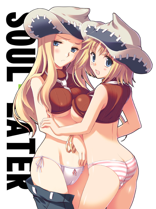 odawara hakone, elizabeth thompson, patricia thompson, soul eater, 00s, 2girls, ass, bare shoulders, blonde hair, bow, bow panties, breasts, butt crack, cameltoe, hat, long hair, lowleg, lowleg panties, midriff, multiple girls, necktie, panties, pink panties, short hair, siblings, side-tie panties, sisters, sleeveless, sleeveless turtleneck, striped clothes, striped panties, turtleneck, underboob, underwear