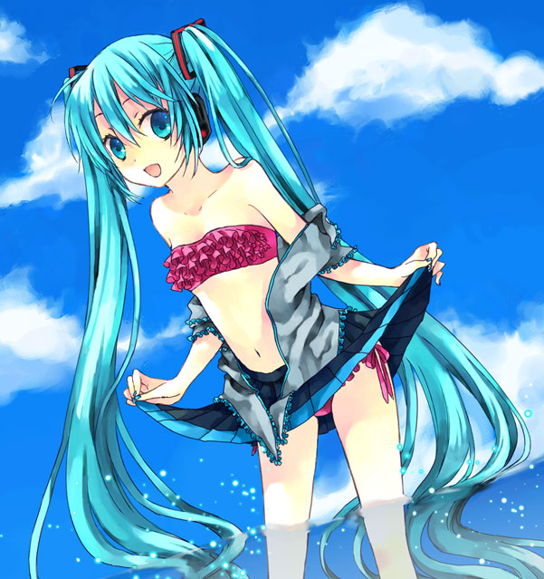 soysauce (pixiv47673), hatsune miku, vocaloid, bad id, bad pixiv id, 1girl, aqua eyes, aqua hair, bandeau bikini, bikini, bikini under clothes, cloud, day, female focus, frilled bikini, frills, long hair, ocean, outdoors, side-tie bikini bottom, skirt, sky, solo, swimsuit, swimsuit under clothes, twintails, undressing, very long hair, water