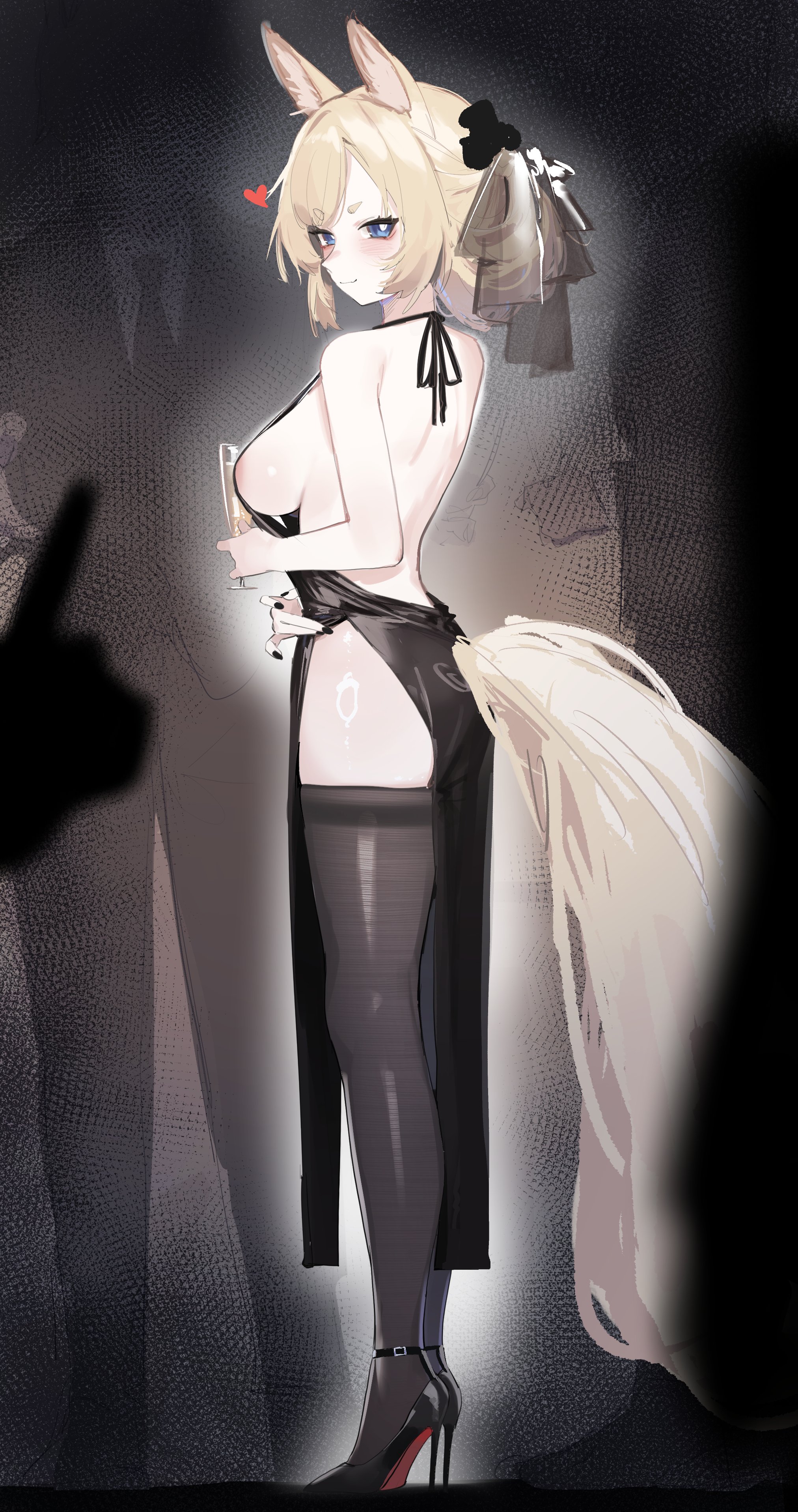 uta (xuyansong1996), whislash (arknights), arknights, absurdres, highres, 1girl, 2others, alcohol, animal ear fluff, animal ears, ass, back, backless dress, backless outfit, bare back, bare shoulders, black nails, black shoes, blonde hair, blue eyes, breasts, champagne, champagne flute, cocktail dress, cup, dress, drinking glass, fingernails, from side, halter dress, halterneck, high heels, horse ears, horse girl, horse tail, long fingernails, long hair, looking at viewer, looking to the side, medium breasts, multiple others, nail polish, nipples, revealing clothes, shoes, sideboob, smile, solo, tail, thighhighs