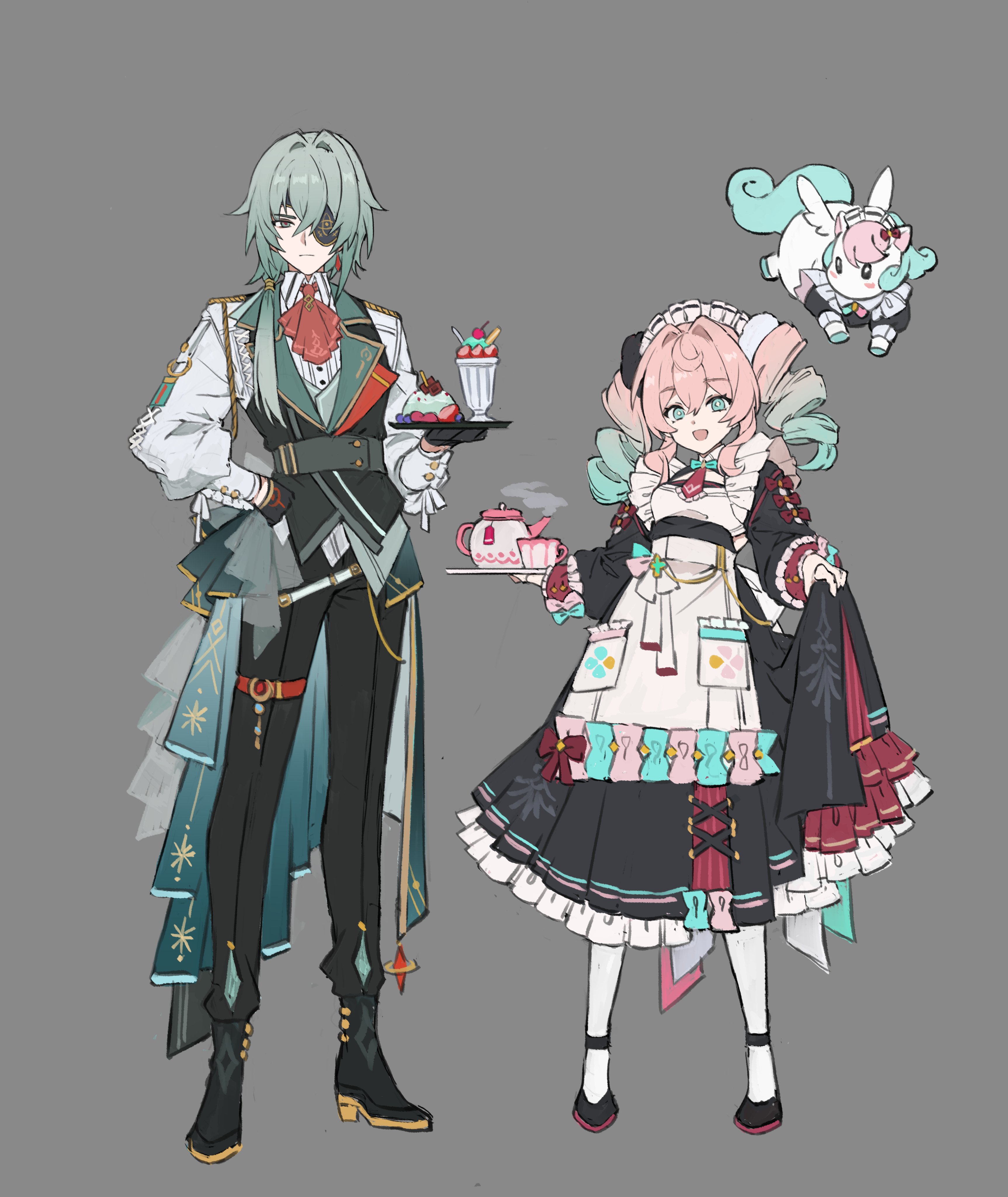 papajay (jennygin2), anaxa (honkai: star rail), hyacine (honkai: star rail), little ica (honkai: star rail), honkai: star rail, honkai (series), absurdres, highres, 1boy, 1girl, 1other, alternate costume, apron, aqua eyes, aqua hair, ascot, black pants, bow, butler, dress, drill hair, enmaided, eyepatch, frilled dress, frills, holding, holding tray, jacket, long hair, maid, maid apron, maid headdress, multicolored dress, multicolored hair, pants, pink hair, red ascot, red bow, red dress, smile, tray, tuxedo shirt, twin drills, twintails, two-tone hair, white apron