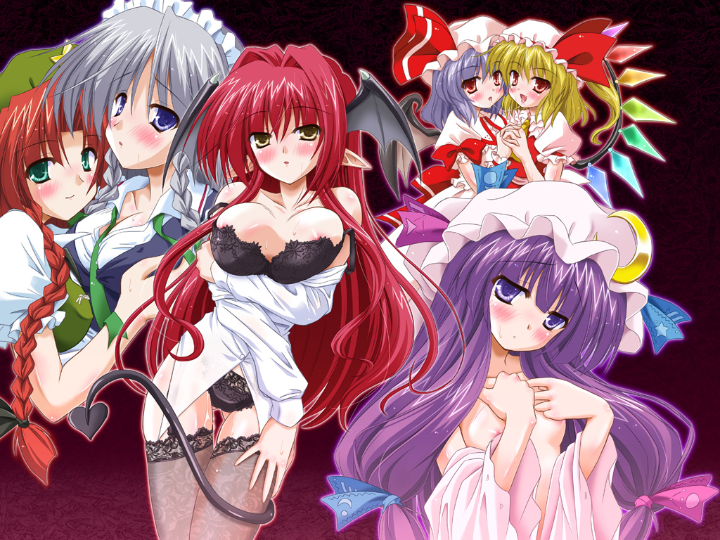 yamu (reverse noise), flandre scarlet, hong meiling, izayoi sakuya, koakuma, patchouli knowledge, remilia scarlet, embodiment of scarlet devil, touhou, 6+girls, black panties, breasts, female focus, lace, lace-trimmed panties, lace trim, large breasts, medium breasts, multiple girls, nude, panties, thighhighs, underwear, wet, wings