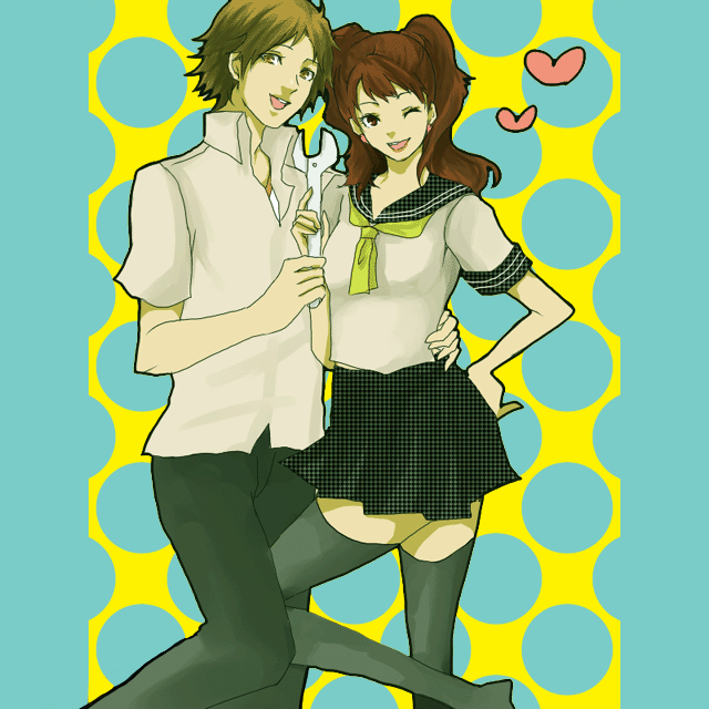 hanamura yousuke, kujikawa rise, atlus, persona, persona 4, 1boy, 1girl, brown eyes, brown hair, couple, happy, heart, hetero, long hair, school uniform, serafuku, short hair, smile, thighhighs, twintails, wink