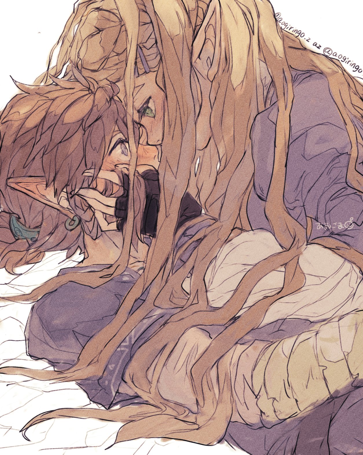 aogoma, link, princess zelda, nintendo, the legend of zelda, the legend of zelda: breath of the wild, highres, 1boy, 1girl, assertive female, black gloves, blonde hair, blue eyes, blue shirt, blue tunic, blush, couple, earrings, fingerless gloves, gloves, green eyes, hair between eyes, hair ornament, hairclip, hand in another's hair, hand on another's cheek, hand on another's face, hetero, imminent kiss, jewelry, long hair, low ponytail, medium hair, pointy ears, ponytail, shirt, tunic, twitter username, white background
