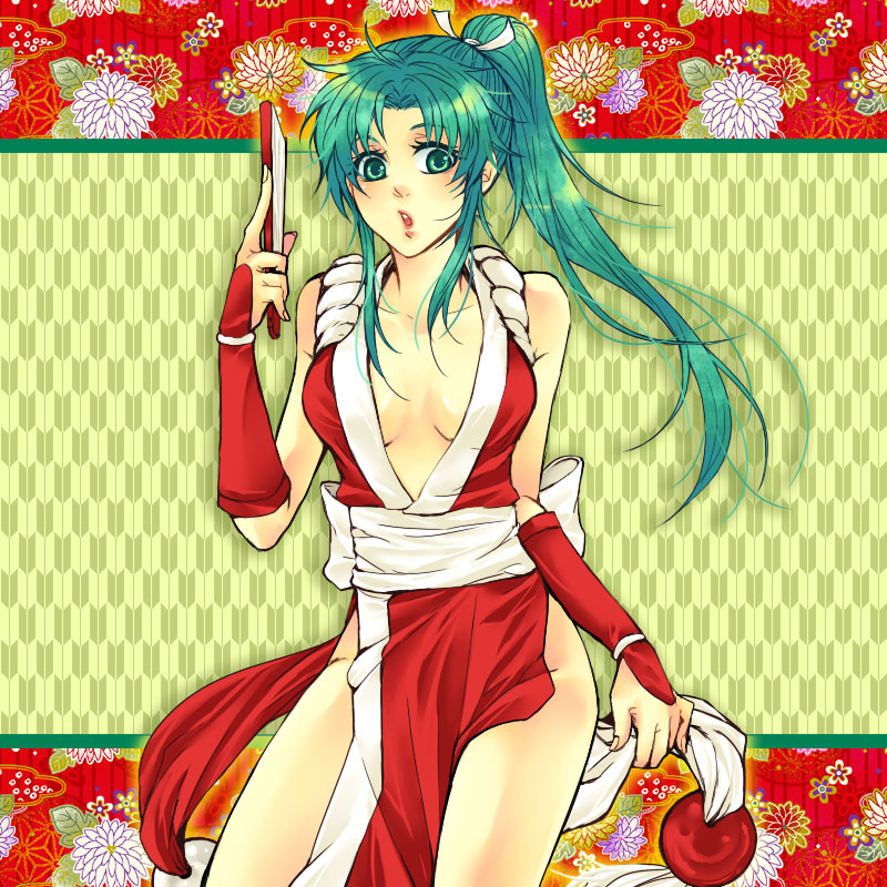 azuma (eldorado), kuroko (artist), shiranui mai, sonozaki mion, fatal fury, higurashi no naku koro ni, snk, the king of fighters, bad id, bad pixiv id, 1girl, blush, cosplay, female focus, gloves, green eyes, green hair, japanese clothes, long hair, matching hair/eyes, pelvic curtain, ponytail, shiranui mai (cosplay), solo, yagasuri