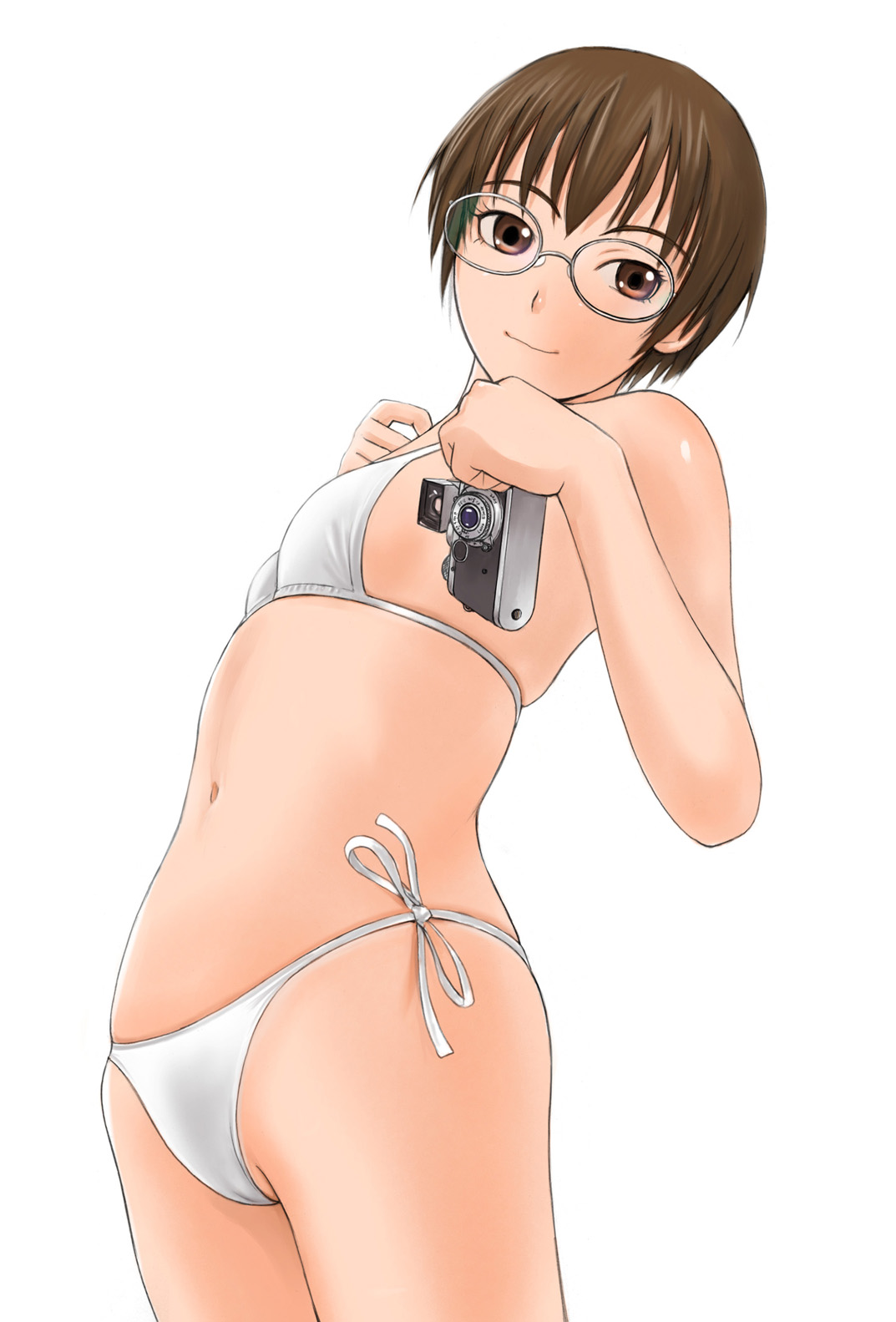 mimura kaoru, masuko mika, original, precure, yes! precure 5, highres, 00s, 1girl, bikini, brown eyes, brown hair, camera, eyelashes, female focus, flat chest, glasses, navel, short hair, side-tie bikini bottom, solo, swimsuit, white bikini