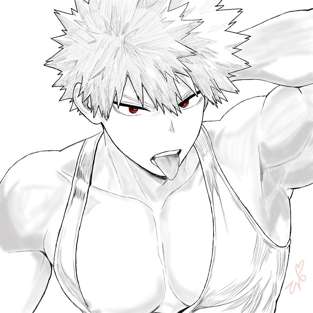 bakugou katsuki, boku no hero academia, commentary request, 1boy, arm behind head, armpits, collarbone, greyscale, katsuki angel, looking at viewer, male focus, monochrome, nipple slip, nipples, pectorals, red eyes, short hair, simple background, solo, spiked hair, tank top, tongue, tongue out, upper body, white background