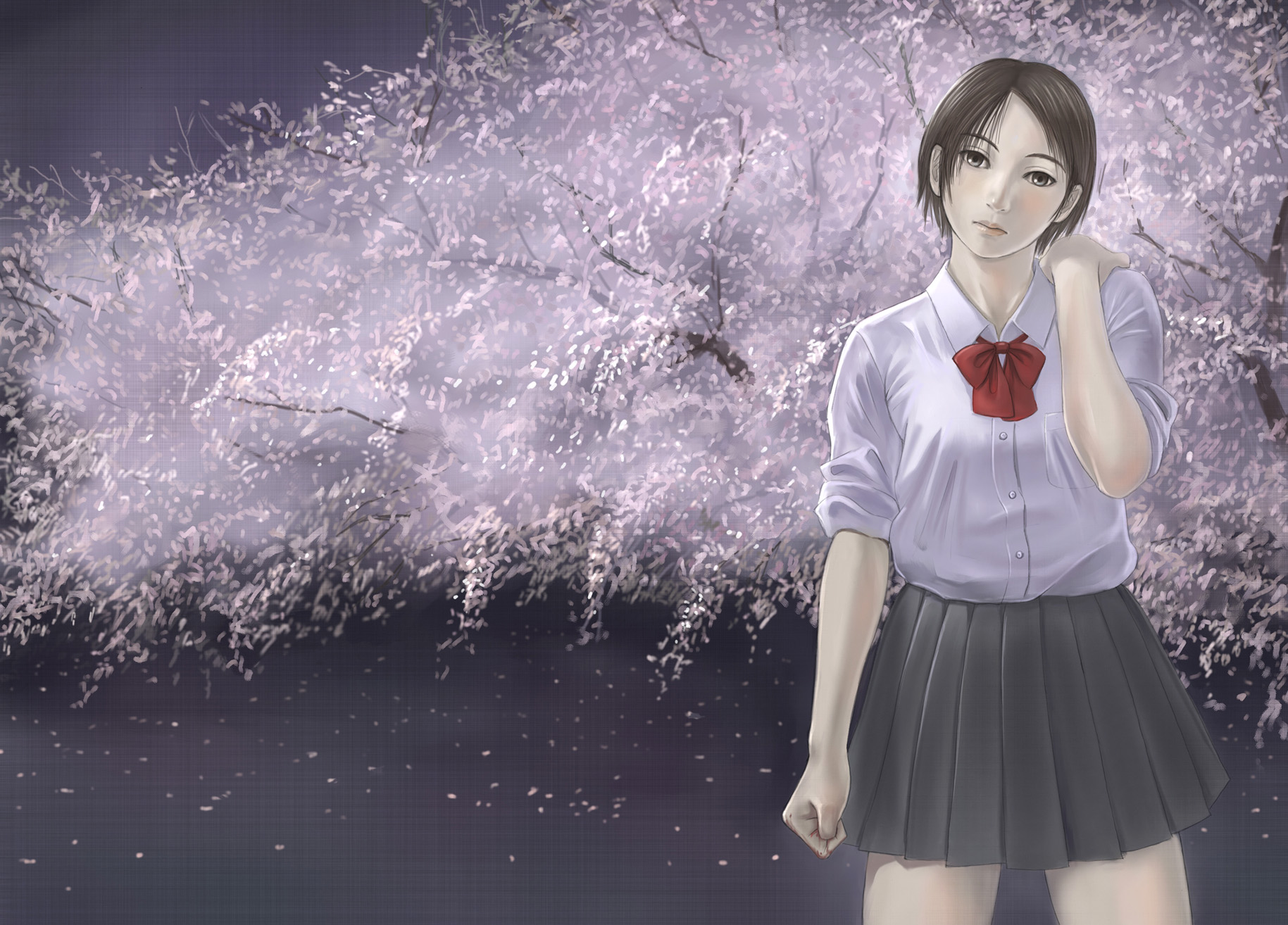 mimura kaoru, otonashi saya, blood+, original, highres, 00s, brown eyes, brown hair, cherry blossoms, petals, school uniform, serafuku, short hair, solo