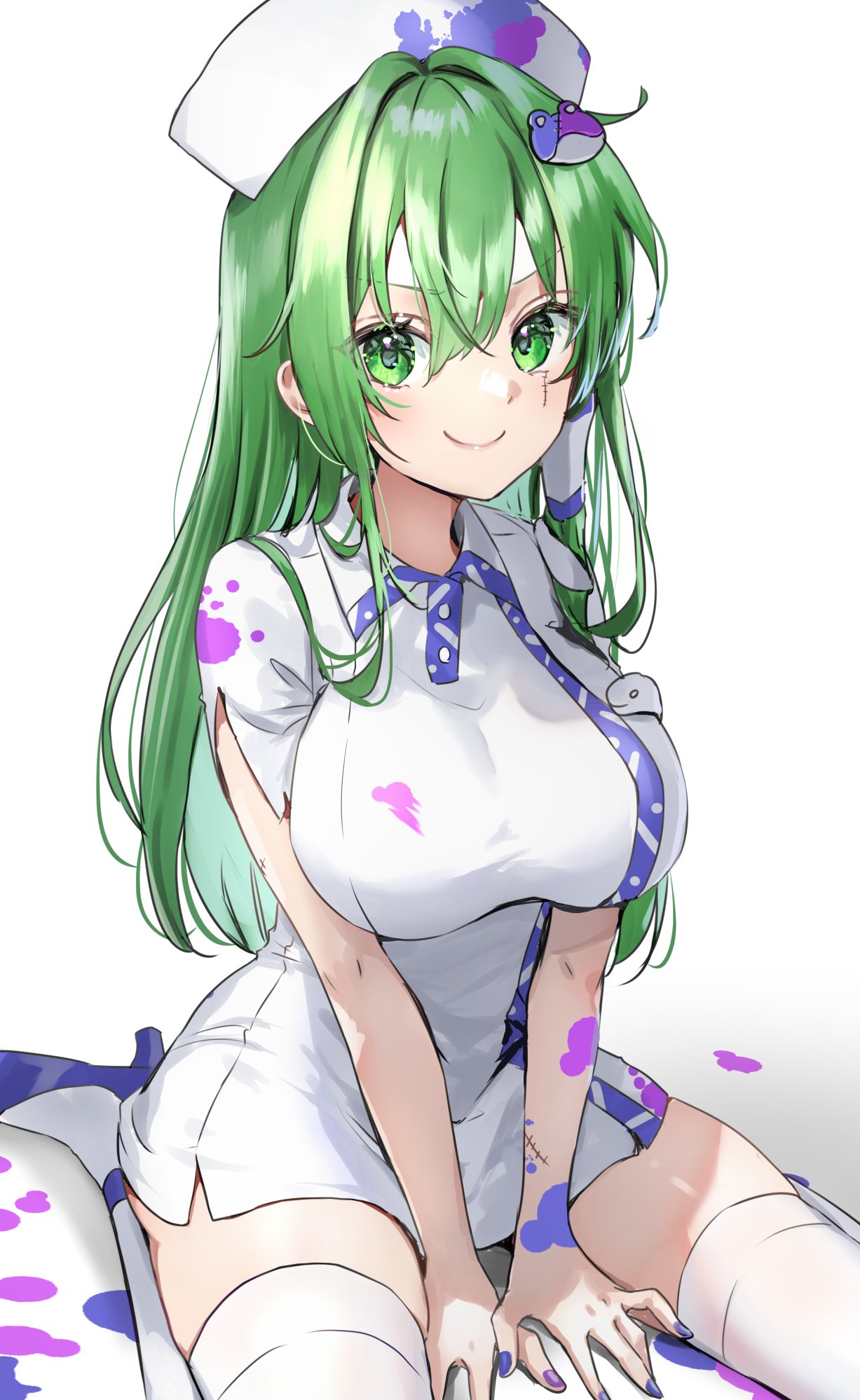 shironeko yuuki, kochiya sanae, touhou, highres, 1girl, alternate costume, blue nails, blue shoes, breasts, closed mouth, dress, frog hair ornament, green eyes, green hair, hair ornament, hair tubes, hat, high heels, large breasts, long hair, looking at viewer, multicolored nails, nail polish, nurse, nurse cap, paint, paint on clothes, purple nails, shoes, short sleeves, single hair tube, sitting, smile, snake hair ornament, solo, thighhighs, thighs, two-tone nails, wariza, white background, white dress, white thighhighs