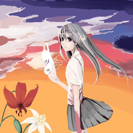 umineco, furude rika, higurashi no naku koro ni, silver hair, 00s, 1girl, female focus, flower, fox mask, long hair, mask, purple eyes, solo