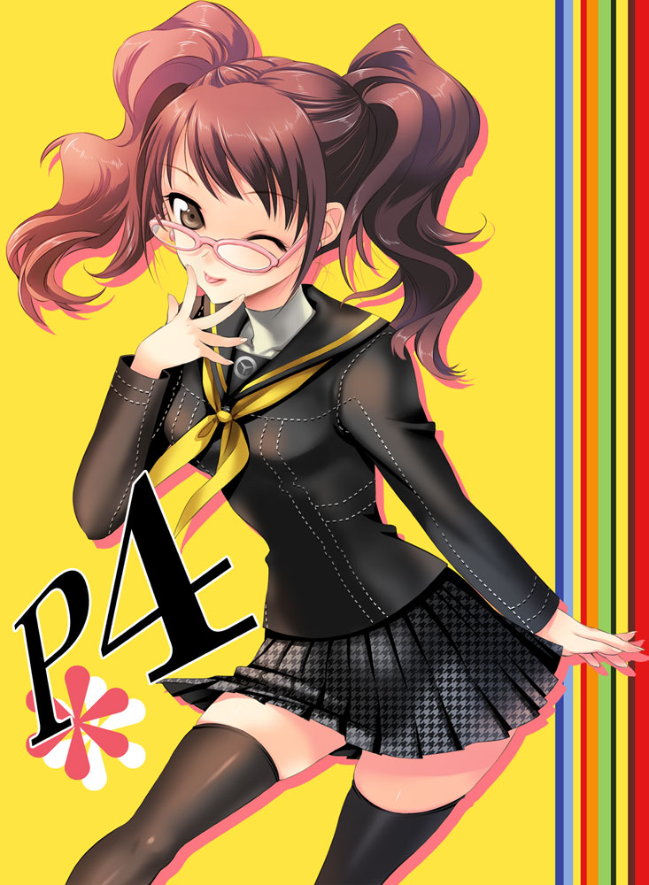 uk-works, kujikawa rise, atlus, persona, persona 4, bad id, bad pixiv id, 1girl, brown eyes, female focus, glasses, happy, one eye closed, pink-framed eyewear, red hair, school uniform, serafuku, skirt, solo, thighhighs, tongue, twintails, wink