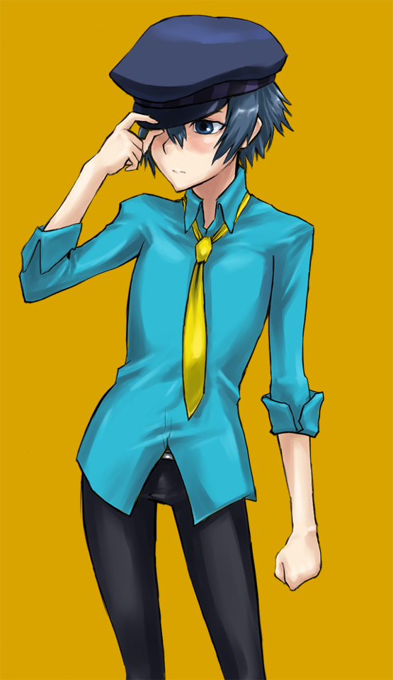 kuroino (0kuro8ino6), shirogane naoto, atlus, persona, persona 4, 1girl, androgynous, blue hair, female focus, hat, necktie, newsboy cap, pants, reverse trap, short hair, solo, tomboy