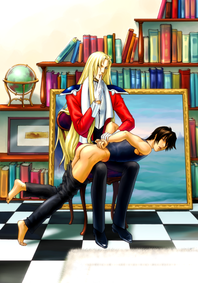 ai no kusabi, painting, artist request, source request, 2boys, ass, barefoot, blonde hair, book, brown hair, clothes pull, feet, globe, gloves, indoors, library, long hair, male focus, multiple boys, pants, pants pull, restrained, school, school discipline, sexually suggestive, short hair, spanked, spanking, study, teaching, toes, very long hair, yaoi
