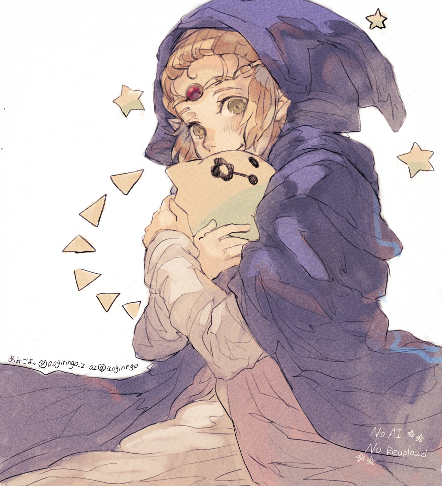 aogoma, princess zelda, nintendo, the legend of zelda, the legend of zelda: echoes of wisdom, highres, 1girl, blonde hair, blue robe, circlet, dress, gem, green eyes, hood, hood up, hooded robe, hug, light blush, long sleeves, pointy ears, red gemstone, robe, sidelocks, smile, twitter username, upper body, white background, white dress