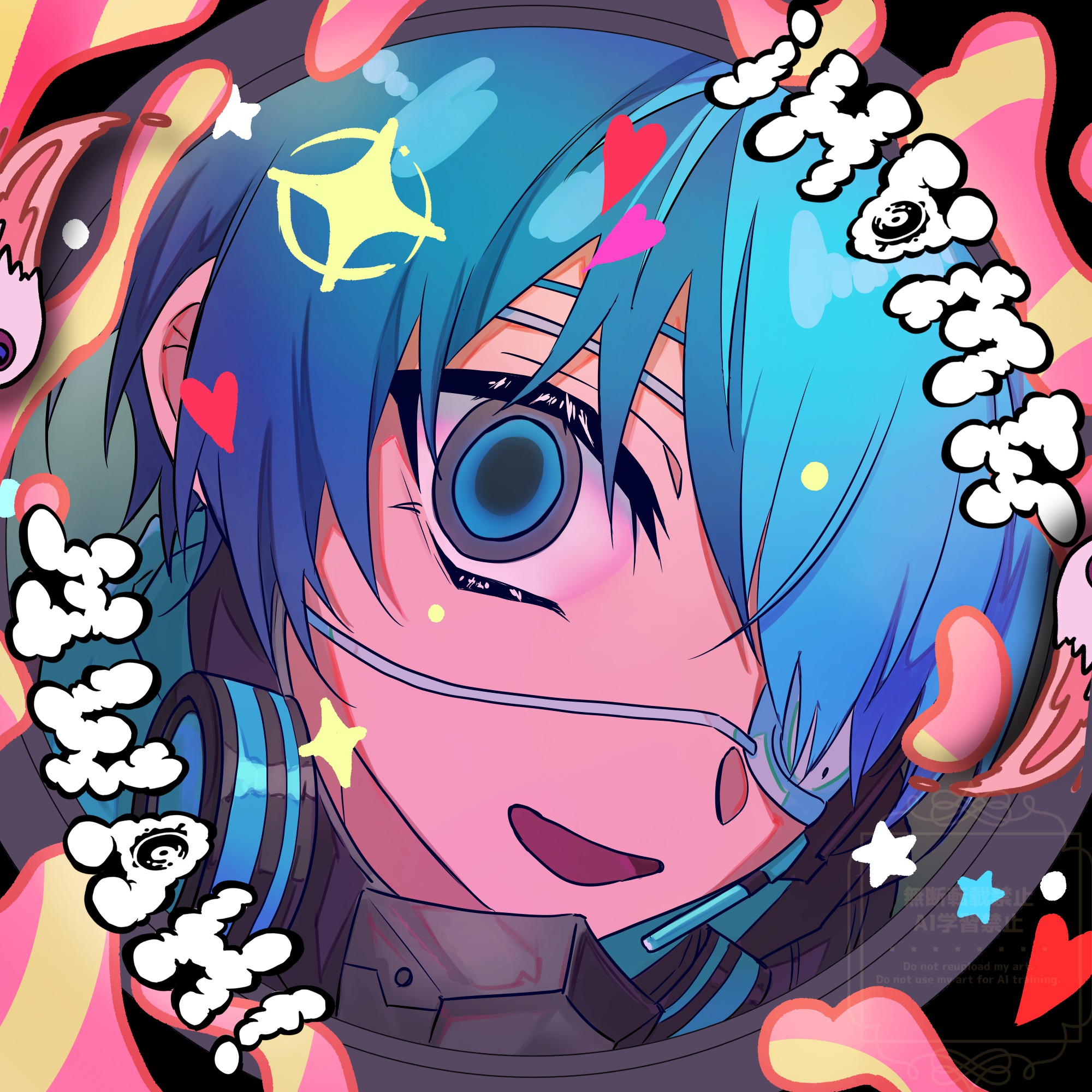 aoyagi touya, monitoring (vocaloid), project sekai, commentary request, highres, 1boy, blue hair, chako (chaaaaa 1001), close game/offline (project sekai), eyepatch, heart, looking at viewer, male focus, mask, official alternate costume, official alternate hairstyle, one eye covered, open mouth, solo, sparkle, star (symbol), watermark