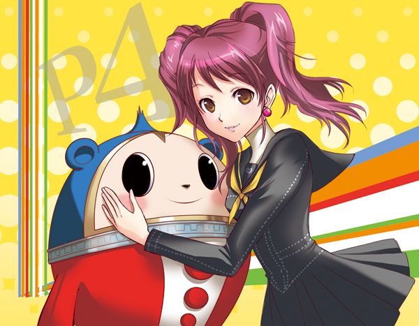inoue takako, kujikawa rise, kuma (persona 4), atlus, persona, persona 4, blush, hug, school uniform, serafuku, skirt, smile, twintails