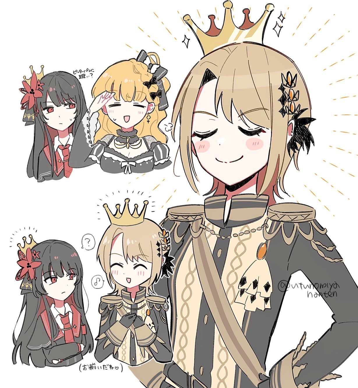 nikaidou hiro, saeki miria, mahou shoujo no majo saiban, commentary request, highres, translation request, 3girls, :d, ^ ^, black hair, black jacket, blonde hair, closed eyes, closed mouth, crown, ebisawa (utunomiyahanten), epaulettes, flower, hair flower, hair ornament, hands on own hips, hasumi reia, jacket, long hair, long sleeves, looking at another, magical girl, multiple girls, multiple views, musical note, necktie, open mouth, red eyes, red flower, red necktie, sash, short hair, shoulder sash, simple background, smile, sweatdrop, upper body, white background