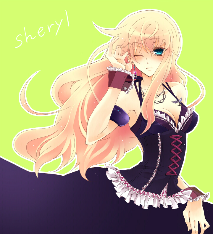 konno seara, sheryl nome, macross, macross frontier, bad id, bad pixiv id, 00s, 1girl, blonde hair, blue eyes, breasts, cleavage, dress, earrings, female focus, jewelry, long hair, medium breasts, one eye closed, solo, wink