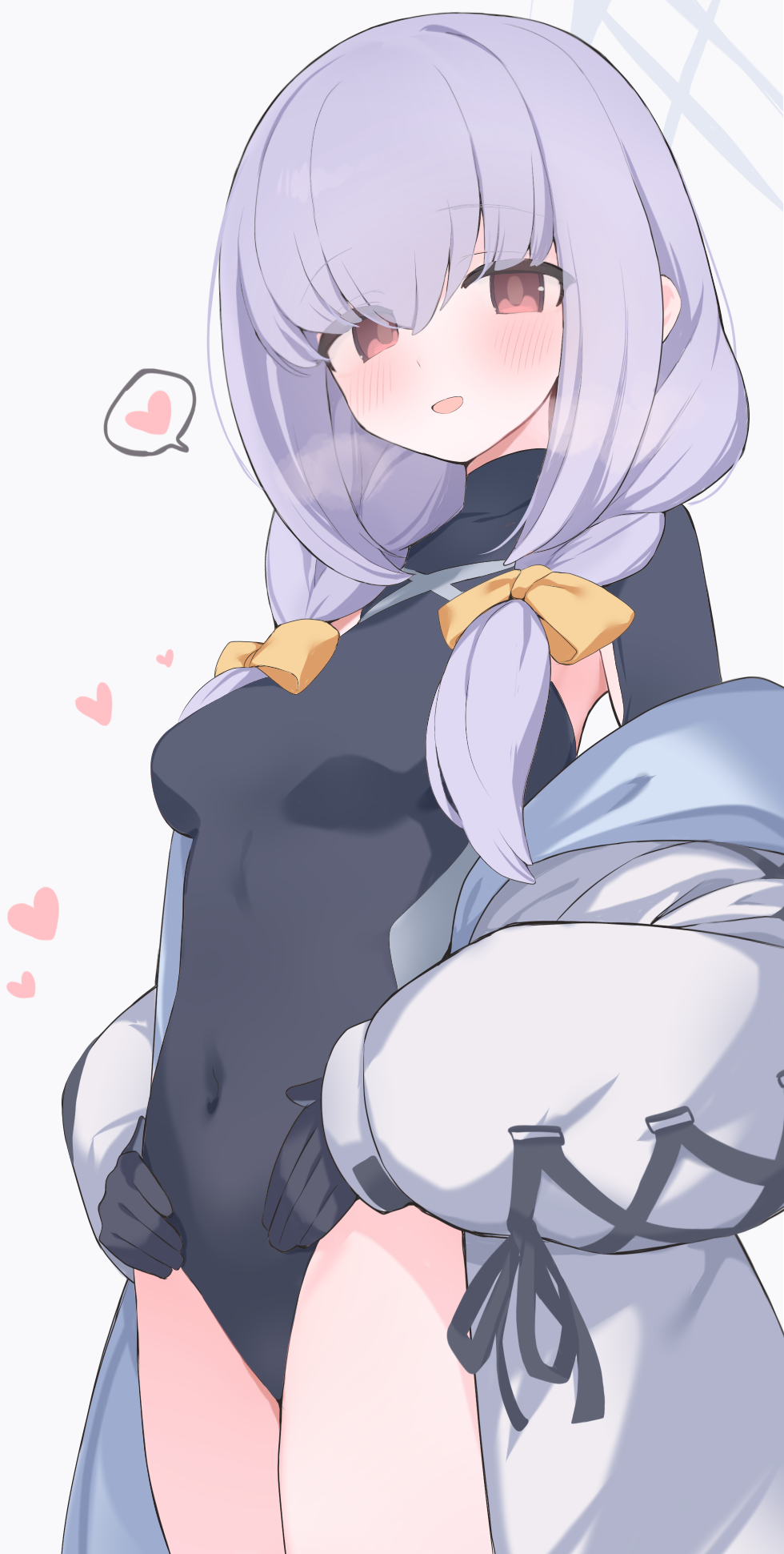 hone kawa, atsuko (blue archive), blue archive, highres, 1girl, breasts, gloves, halo, heart, looking at viewer, medium breasts, simple background, solo, spoken heart