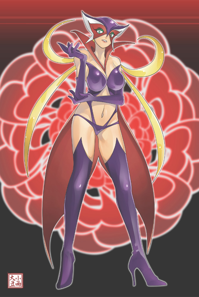 kosame daizu, doronjo, tatsunoko production, time bokan (series), yatterman, 1girl, blonde hair, boots, breasts, cleavage, elbow gloves, female focus, gloves, green eyes, high heels, long hair, lowleg, mask, purple boots, purple thighhighs, quad tails, shoes, solo, thigh boots, thighhighs, very long hair