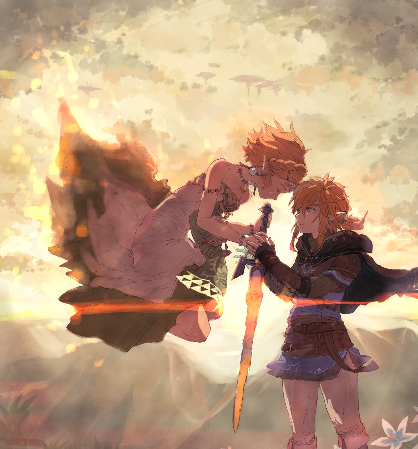aogoma, link, princess zelda, nintendo, the legend of zelda, the legend of zelda: tears of the kingdom, highres, 1boy, 1girl, armlet, bare shoulders, belt, black cloak, blonde hair, blue eyes, blue flower, blue tunic, bracelet, braid, breasts, brown belt, circlet, cloak, closed eyes, crown braid, dress, earrings, fingerless gloves, floating, flower, gloves, hair between eyes, hair tie, holding, holding sword, holding weapon, hood, hood down, hooded cloak, jewelry, long dress, low ponytail, master sword, medium breasts, medium hair, panties, pendant choker, pointy ears, ponytail, short hair, sidelocks, silent princess, strapless, strapless dress, sword, teardrop facial mark, tunic, underwear, weapon, white panties