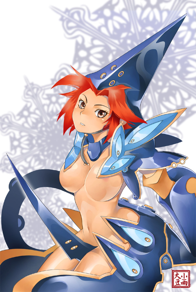 kosame daizu, 1girl, armor, breasts, female focus, large breasts, red hair, short hair, solo