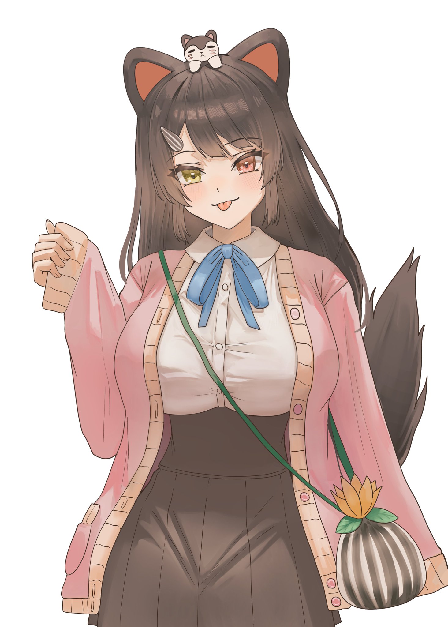 doidamon, banken (inui toko), inui toko, machita chima, machita chima (1st costume), nijisanji, commentary request, highres, 1girl, :p, animal, animal ears, animal on head, bag, blue ribbon, blush, breasts, brown hair, brown skirt, cardigan, closed mouth, collared shirt, cosplay, cowboy shot, dog ears, dog girl, hand up, heterochromia, high-waist skirt, large breasts, long hair, looking at viewer, machita chima (cosplay), neck ribbon, on head, open cardigan, open clothes, pink cardigan, pleated skirt, red eyes, ribbon, seed hair ornament, shirt, shirt tucked in, shoulder bag, simple background, skirt, sleeves past wrists, solo focus, straight-on, swept bangs, tongue, tongue out, virtual youtuber, white background, white shirt, yellow eyes