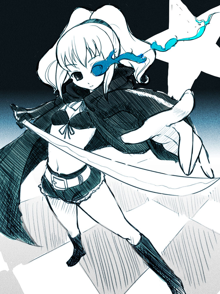 niwa mizuki, anya alstreim, black rock shooter (character), black rock shooter, code geass, vocaloid, bad id, bad pixiv id, 1girl, bikini, bikini top only, black rock shooter (cosplay), boots, cape, cosplay, female focus, flat chest, katana, monochrome, niwa miduki, shorts, solo, spot color, swimsuit, sword, weapon