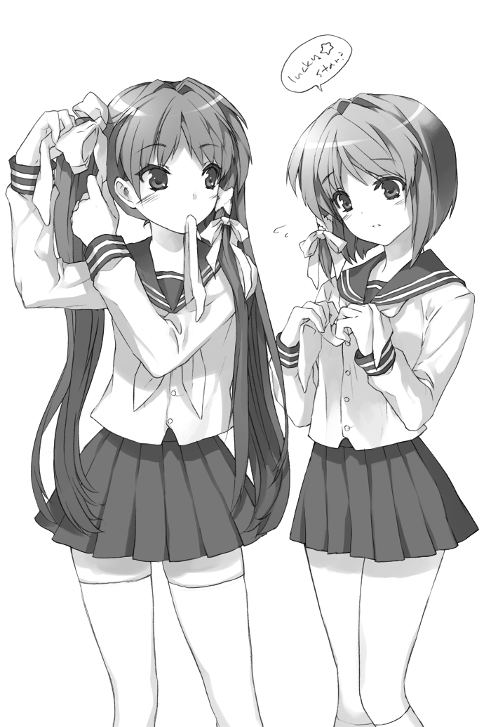 cuteg, fujibayashi kyou, fujibayashi ryou, hiiragi kagami, hiiragi tsukasa, clannad, kyoto animation, lucky star, bad id, bad pixiv id, 2girls, company connection, cosplay, greyscale, hair ribbon, hiiragi kagami (cosplay), hiiragi tsukasa (cosplay), long hair, look-alike, monochrome, mouth hold, multiple girls, ribbon, school uniform, serafuku, short hair, siblings, sisters, thighhighs, twins, twintails, zettai ryouiki