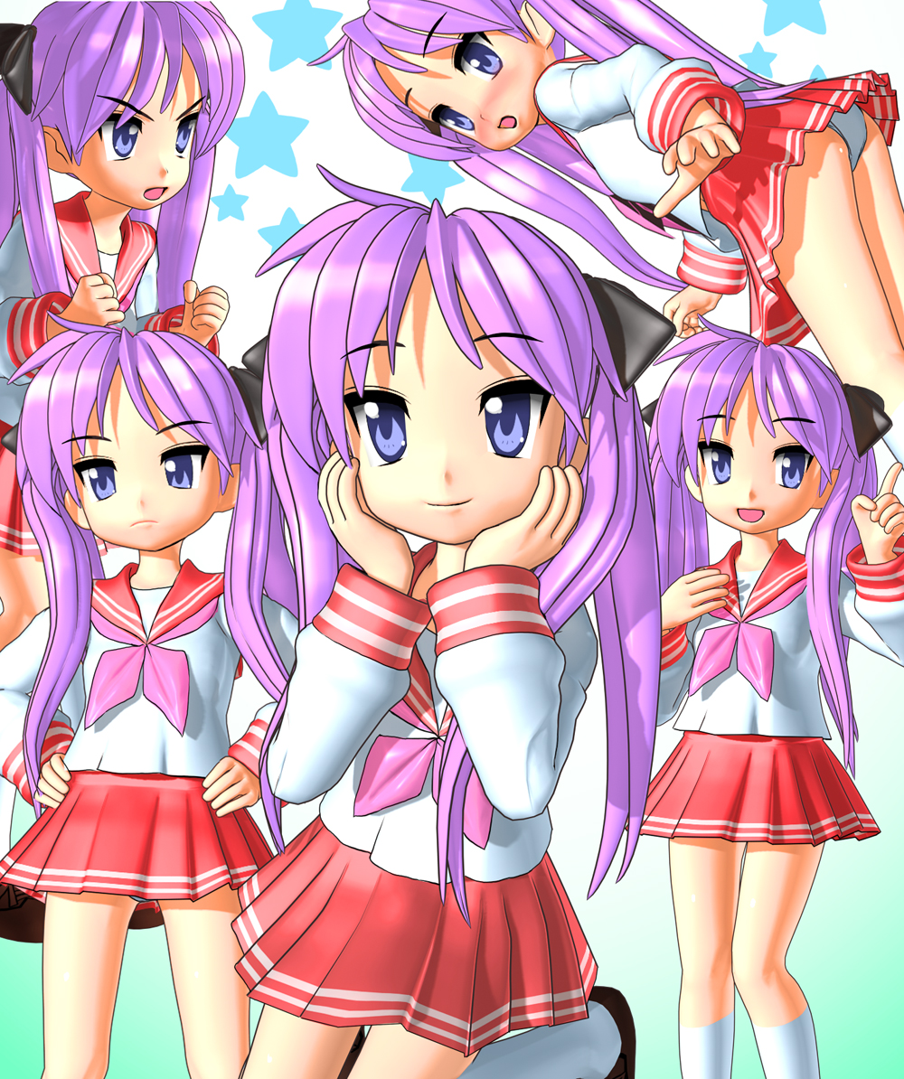 g-tetsu, hiiragi kagami, lucky star, 00s, 1girl, 3d, angry, blue eyes, blush, clenched hand, clenched hands, embarrassed, from below, frown, hair ribbon, hands on another's face, hands on own face, hands on own hips, long hair, looking back, midriff, open mouth, panties, pantyshot, pleated skirt, pointing, purple hair, ribbon, school uniform, serafuku, skirt, smile, star (symbol), thigh gap, thighs, tsurime, twintails, underwear, white panties