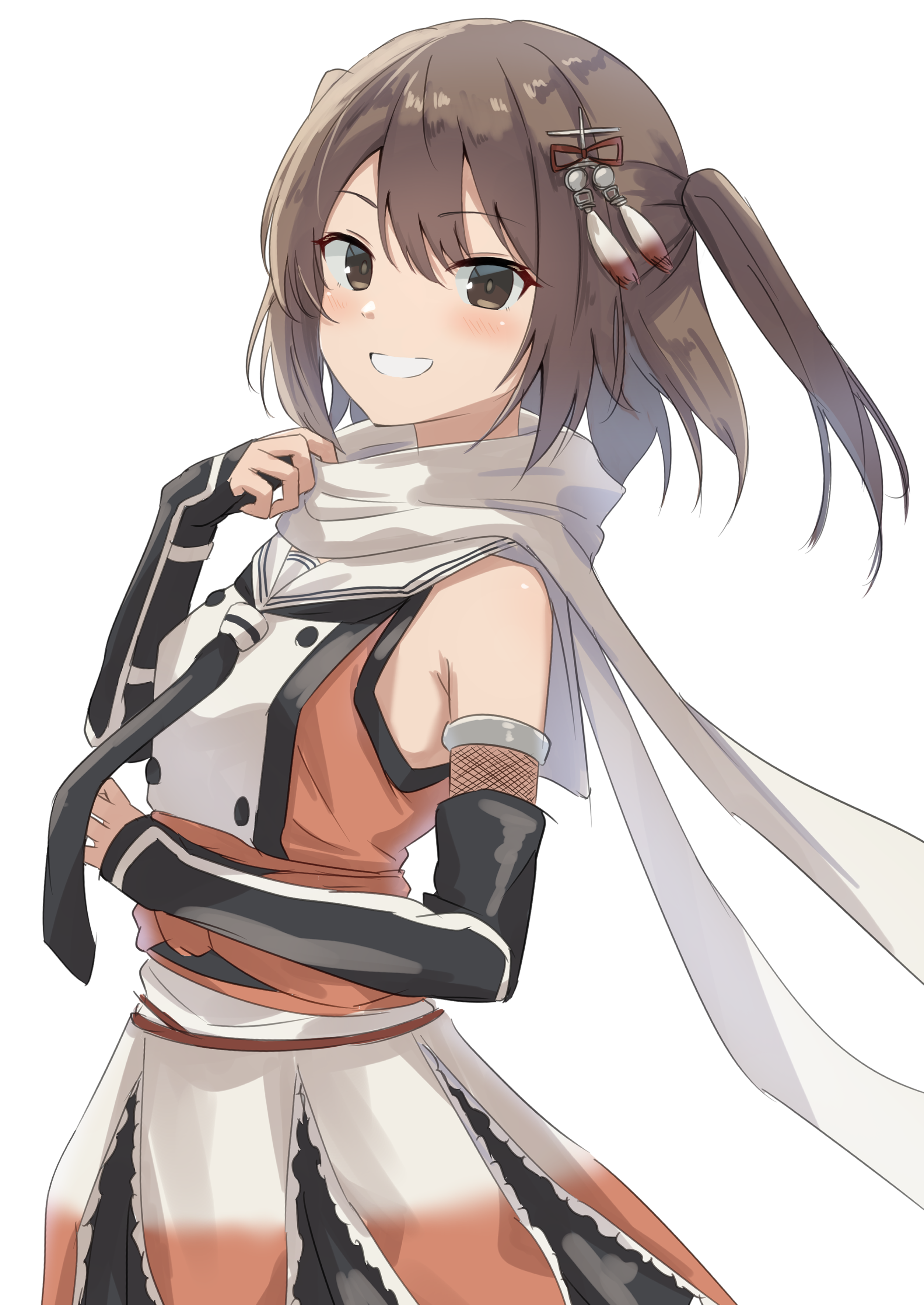 sukimizaki, sendai (kancolle), sendai kai ni (kancolle), kantai collection, absurdres, commentary request, highres, 1girl, black gloves, black neckerchief, blush, brown eyes, brown hair, buttons, cowboy shot, double-breasted, dress, elbow gloves, fingerless gloves, gloves, grin, hair ornament, looking at viewer, neckerchief, orange dress, scarf, short hair, simple background, skirt, smile, solo, two side up, white background, white scarf