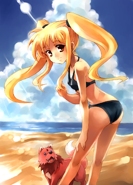 kouno hikaru, arf, fate testarossa, lyrical nanoha, mahou shoujo lyrical nanoha, mahou shoujo lyrical nanoha a's, 00s, 1girl, ass, beach, bikini, black bikini, blonde hair, brown eyes, cloud, day, dog, female focus, looking back, ocean, outdoors, sky, solo, swimsuit, twintails
