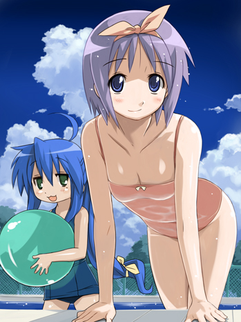 imo works, hiiragi tsukasa, izumi konata, lucky star, light purple hair, lowres, 00s, 2girls, :3, ahoge, ball, beachball, blue hair, blush, breasts, chain-link fence, cleavage, cloud, day, fence, leaning forward, long hair, mole, mole under eye, multiple girls, one-piece swimsuit, outdoors, pool, poolside, purple eyes, school swimsuit, short hair, small breasts, smile, standing, swimsuit, wading