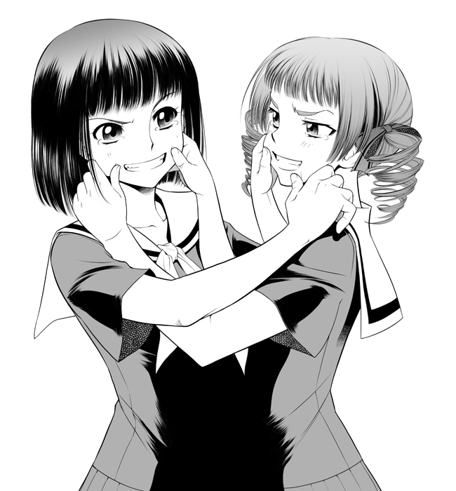 mami akira, matsudaira touko, nijou noriko, maria-sama ga miteru, 00s, 2girls, blunt bangs, blush, dress, drill hair, greyscale, grimace, monochrome, multiple girls, sailor collar, sailor dress, short hair, simple background, twin drills, twintails, upper body, white background