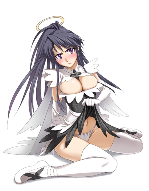 inue shinsuke, kanzaki kaori, toaru majutsu no index, black hair, blush, breasts, cleavage, elbow gloves, gloves, halo, large breasts, legs, long hair, lowleg, lowleg panties, maid, navel, panties, purple eyes, skirt, skirt lift, sweat, thighhighs, thighs, underwear, white panties