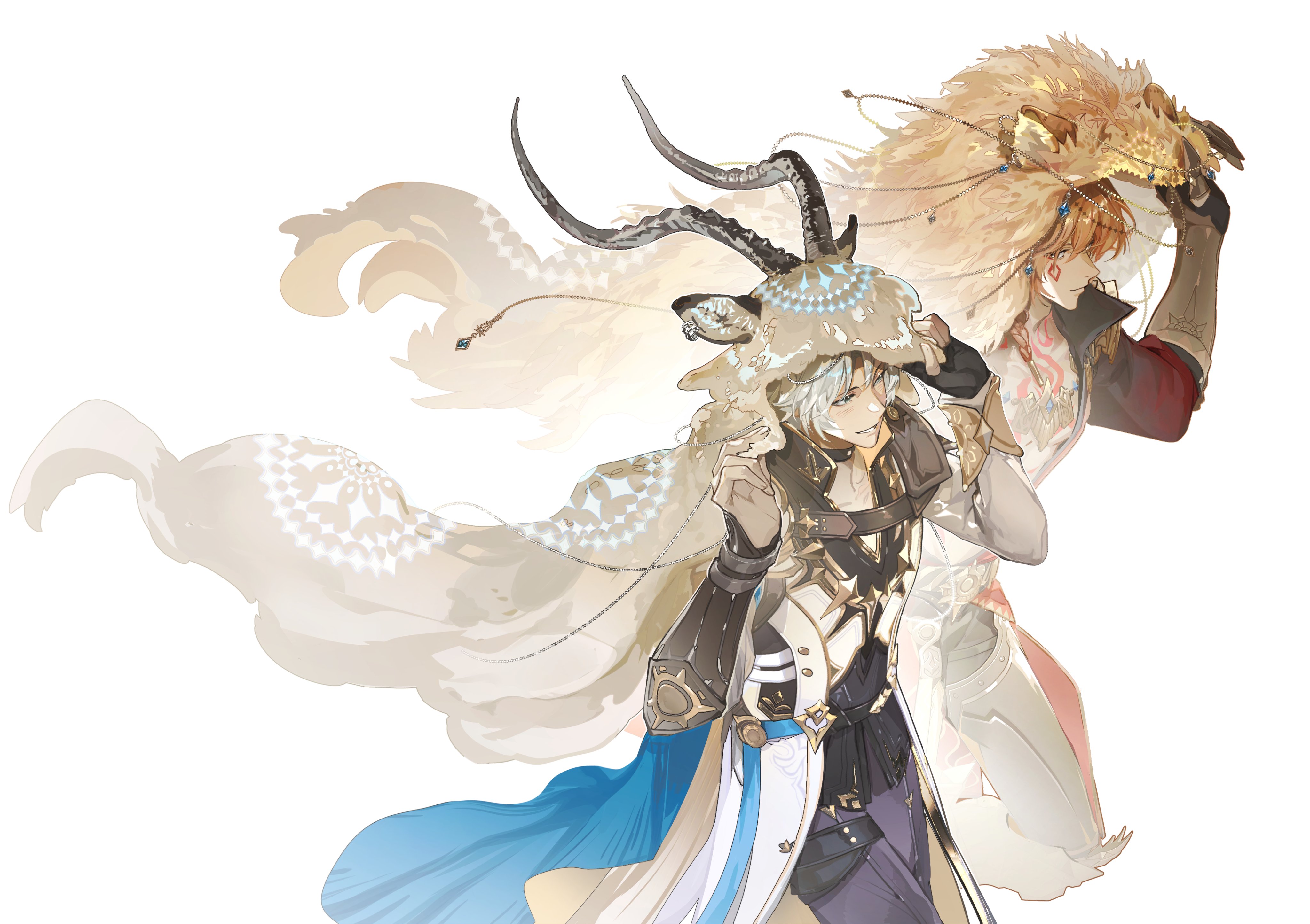 xiniu kuangben bawanli, mydei (honkai: star rail), phainon (honkai: star rail), honkai: star rail, honkai (series), absurdres, hashtag-only commentary, highres, 2boys, antenna hair, armor, black coat, black gloves, black shirt, blonde hair, blue cape, blue eyes, blue hair, braid, cape, chest tattoo, clawed gauntlets, coat, fingerless gloves, gloves, gold necklace, gradient hair, jewelry, male focus, medium hair, multicolored hair, multiple boys, neck tattoo, necklace, open clothes, open coat, parted bangs, pauldrons, red hair, red tattoo, shirt, short hair, shoulder armor, side braid, simple background, single glove, single pauldron, tattoo, white background, white coat, white hair, yellow eyes