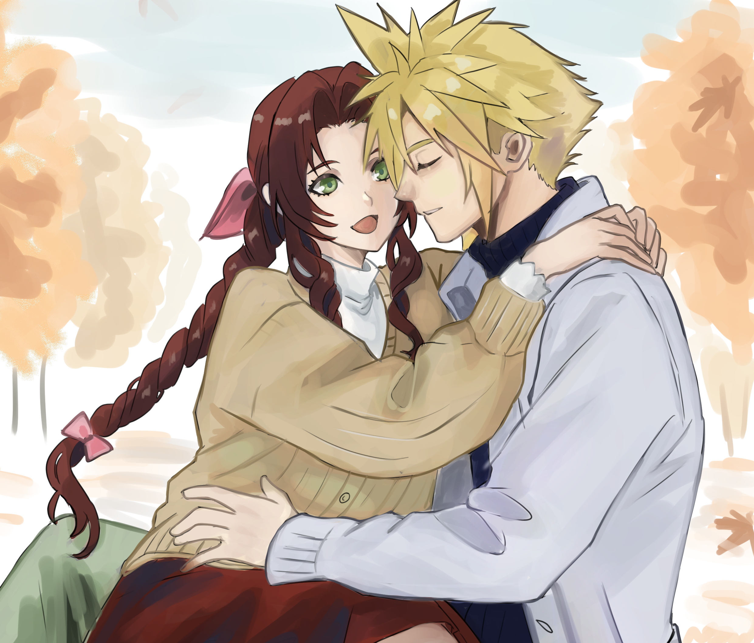 aerith gainsborough, cloud strife, final fantasy, final fantasy vii, highres, 1boy, 1girl, alternate costume, arms around neck, blonde hair, braid, braided ponytail, brown hair, cardigan, closed eyes, couple, green eyes, hair between eyes, hair ribbon, hand on another's waist, hetero, jacket, long hair, open mouth, parted bangs, parted lips, pink ribbon, red skirt, ribbon, rino han, school uniform, short hair, sidelocks, single braid, sitting, sitting on lap, sitting on person, skirt, smile, spiked hair, wavy hair, white jacket, yellow cardigan