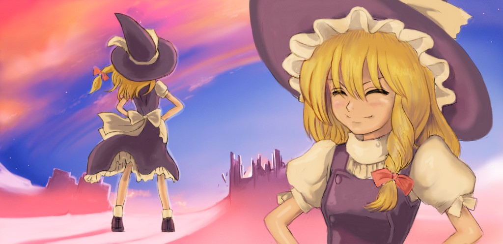 amano takumi, kirisame marisa, touhou, white legwear, 1girl, ^ ^, apron, blonde hair, bobby socks, bow, braid, closed eyes, female focus, from behind, hands on own hips, hat, mary janes, multiple views, puffy short sleeves, puffy sleeves, scenery, shoes, short sleeves, single braid, socks, standing, waist apron, witch hat